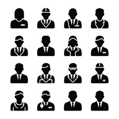 Set of sixteen professional avatar icons represents diverse business team.