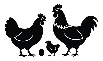Chicken family silhouette includes rooster, hen, chick, and single egg on.