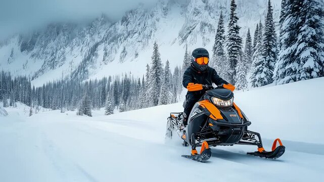 A person riding a snowmobile through a snowy mountain landscape.