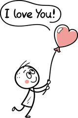 Cute Hand Drawn Stick Figure Holding Heart Balloon, I Love You Vector Illustration Isolated on White Background, Adobe Illustrator Artwork