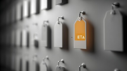 ETA label standing out among blank tags on wall