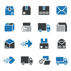 Delivery and shipping icons represent logistics, tracking, and supply chain.