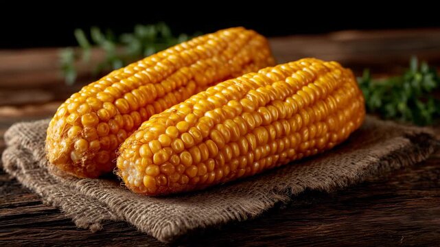 196Close-up of golden corn cobs on rough wooden surface, warm ambient light highlighting each kernel and husk detail, creating a cozy, harvest-themed composition