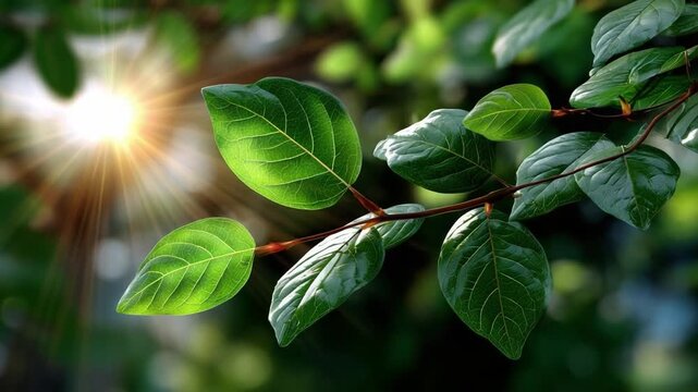 Sunlit Greenery: Close-up of vibrant green leaves bathed in the golden light of the sun, radiating a sense of freshness and serenity.