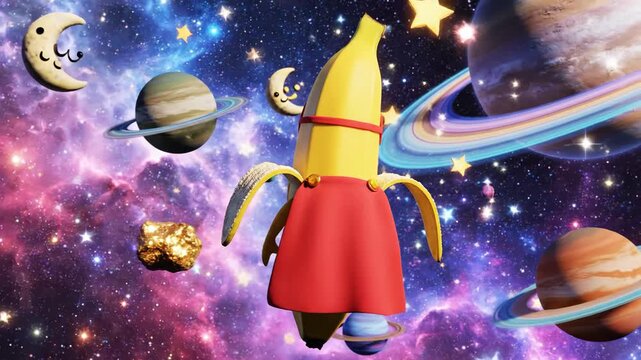 A superhero banana flies through a vibrant galaxy with planets, stars, and a colorful nebula in the background, possibly used for a humorous or whimsical article or advertisement