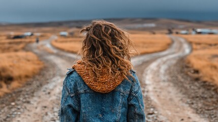 Woman at a crossroads, facing two paths on a dirt road, vast landscape blurred in background