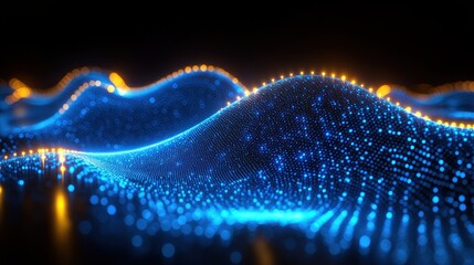 Abstract blue and orange digital waveform, resembling mountains against a black backdrop