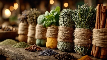 Bundled herbs & spices, tied w/ twine, on wooden surface; shallow depth of field