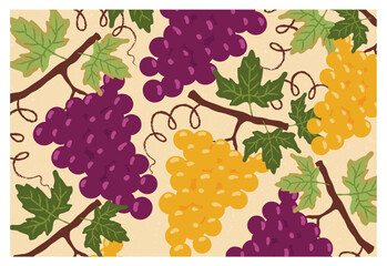 Vector illustration wallpaper of red and yellow grapes in a seamless repeating pattern. Fresh grape background in a clean modern style, suitable for food packaging, branding, textiles, surface design,