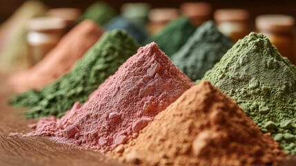 Close-up view of colorful powdered substances in small mounds on a wooden surface
