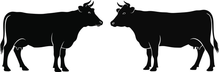 Black silhouettes of two cows facing each other