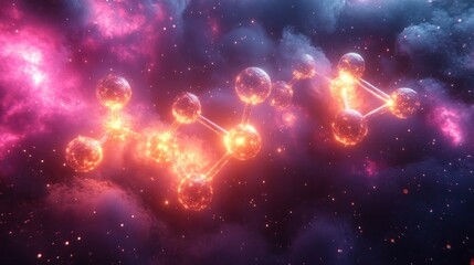 Glowing molecular structure against a nebula backdrop
