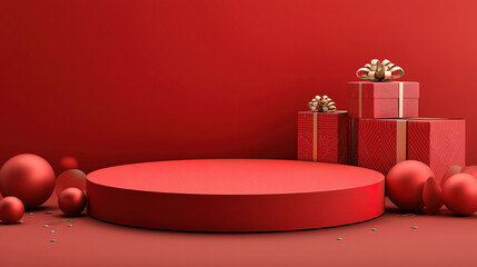 Red Christmas stage with round platform gift boxes and ornaments on vibrant festive background