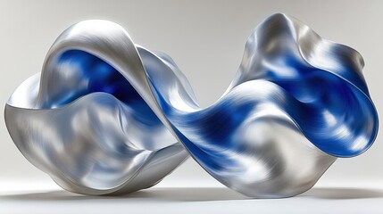 Metallic abstract sculpture with flowing, ribbon-like form and blue interior