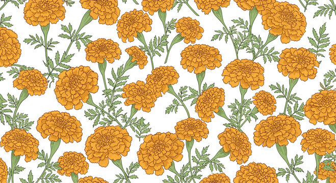 Beautiful seamless pattern with bright orange marigold flowers and green leaves on a clean white background.
