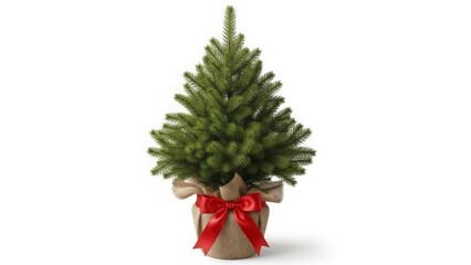 Small Green Christmas Tree in Burlap Pot with Red Bow mini evergreen