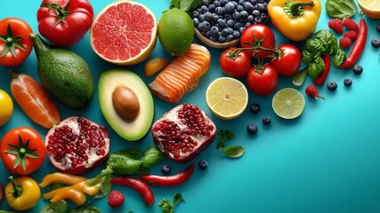 Vibrant Fruits and Vegetables: A colorful medley of fresh, ripe fruits and vegetables artfully arranged, bursting with natural goodness and visual appeal.