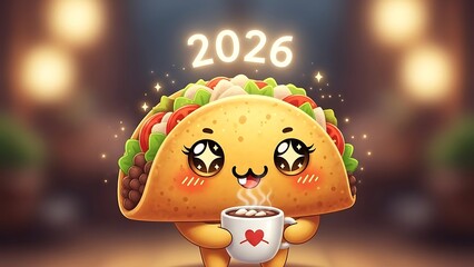 A cute taco character happily holds a coffee cup in a festive indoor setting with 2026 written above.