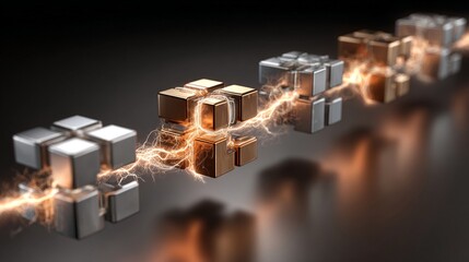 Modular metallic components featuring brushed brass and silver cubes interacting with electrical energy and light, showcasing technological advancement and power flow.