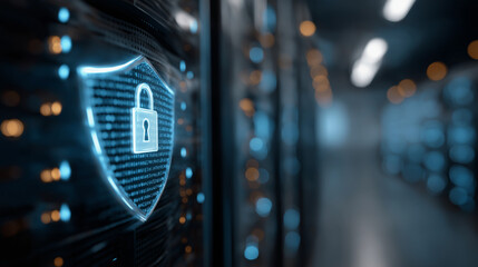 Cybersecurity Fortress: A digital shield with a secure lock icon illuminates, symbolizing data protection in a high-tech data center, safeguarding sensitive information and networks.