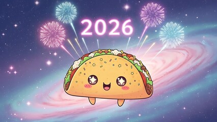 A colorful cartoon taco with a smiling face floats in space surrounded by fireworks and stars on a festive background.