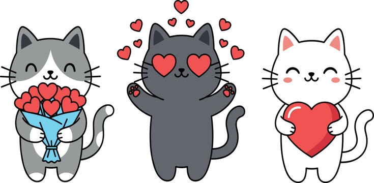Set of cute cartoon cats with red hearts and flower bouquet flat vector illustration isolated on white background for Valentine's Day greeting card.