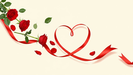 Flowing Red Ribbon Forms a Heart Shape Amidst Beautiful Red Roses and Scattered Petals on a Cream Background