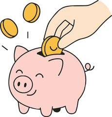 Fototapeta premium Hand holding a cute pink cartoon piggy bank with falling gold coins in a vector illustration representing business finance and money savings wealth concept