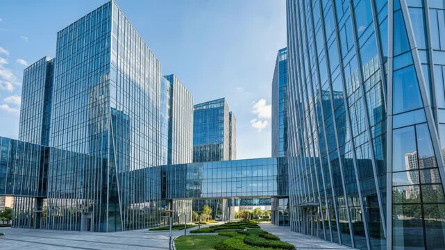 Modern Glass Office Buildings Connected by Skywalks in a Business District with Lush Green Landscaping and Blue Sky on a Sunny Day