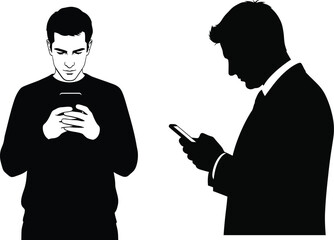 Two men engrossed in their smartphones in a black and white setting