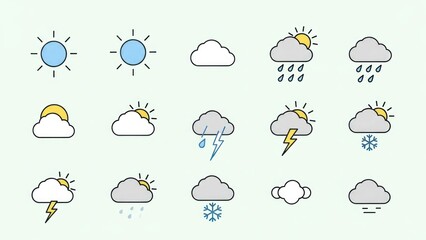 Collection of weather icons showing sunny, cloudy, rainy, stormy, snowy, and misty conditions in a simple illustrated set.
