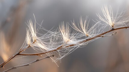 Delicate spider silk strands shimmering and swaying on a dry plant branch in soft natural light