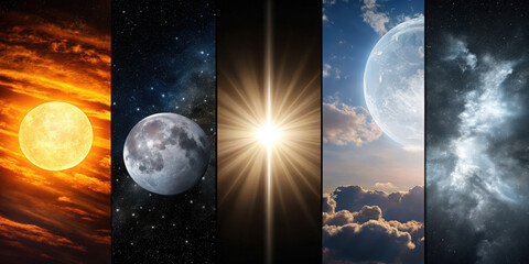 A celestial collage of space scenes. Composite banner featuring the sun, moon, a bright star, a planet, and a galaxy. Astronomy and cosmos concept