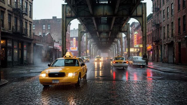 New York City yellow taxis drive down a wet gritty street under the elevated train tracks on a rainy day with neon signs glowing