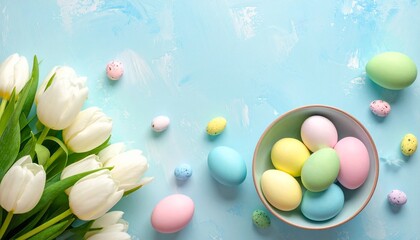 Obraz premium Pastel Easter Eggs in White Bowl with Fresh White Tulips on Soft Blue Background for Spring Holiday Concept