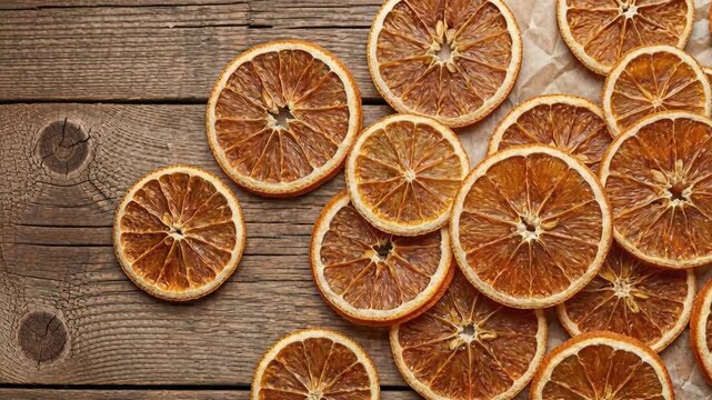Overhead View of Dried Orange Slices Arranged on Rustic Wooden Surface with Kraft Paper Background for Culinary Presentation and Food