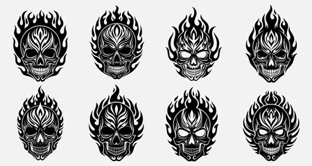 Flaming skulls illustration set on a white background, viewed from the front