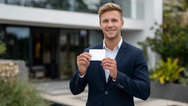 309Confident real estate agent standing outside modern home, holding business card, smiling warmly at camera, embodying trustworthiness and professionalism