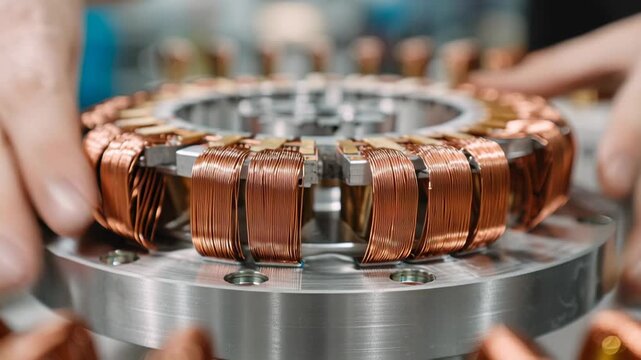 Close-up electric motor components during assembly, copper windings and smooth metal housing, clean background, soft shadows, professional manufacturing style, electric motor assembly