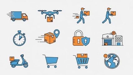 Assorted Delivery and Logistics Icons Illustrating E-commerce, Shipping, and Timely Transport Concepts.