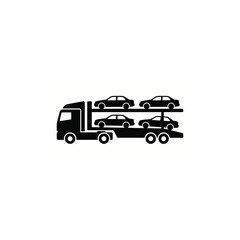 Fototapeta premium A black silhouette icon of a car carrier truck transporting four passenger cars on its double-deck trailer.