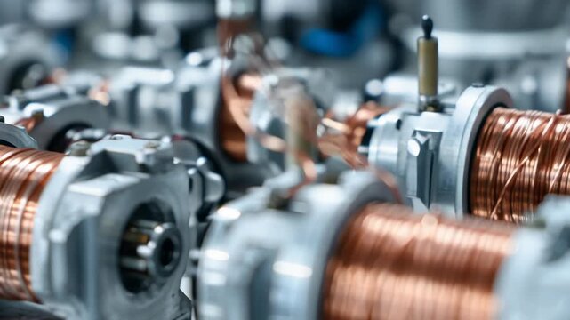 Close-up electric motor components during assembly, copper windings and smooth metal housing, clean background, soft shadows, professional manufacturing style, electric motor assembly