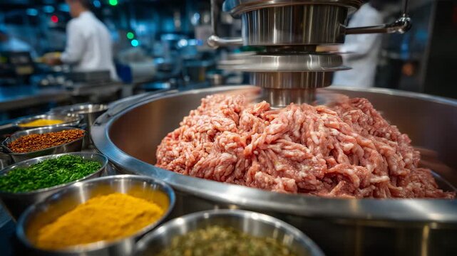 314Top-down view of sausage meat spinning in a large grinder vat, bowls of spices on polished metal table, bright sanitary room, focus on texture of minced meat