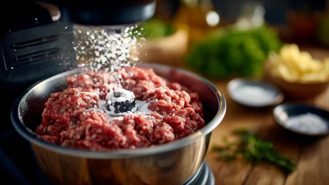 319Macro shot of juicy sausage mince rotating in grinder, nearby bowls with salt, pepper, and herbs, emphasizing freshness and cleanliness
