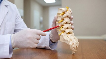Doctor holding a human spine model and pointing with a pen symbolizing spinal anatomy, neurology and medical education
