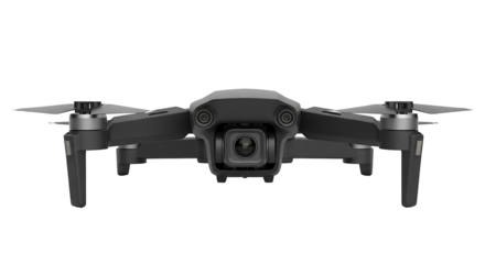 Black drone with camera isolated on white background.