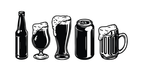 Beer Bottle and Glass Illustration Set. Beer Drink Collection Bottle, Glass, Can and Mug
