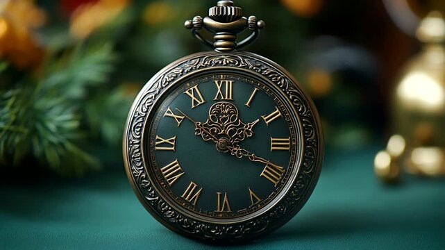 Vintage pocket watch on green surface with flowers