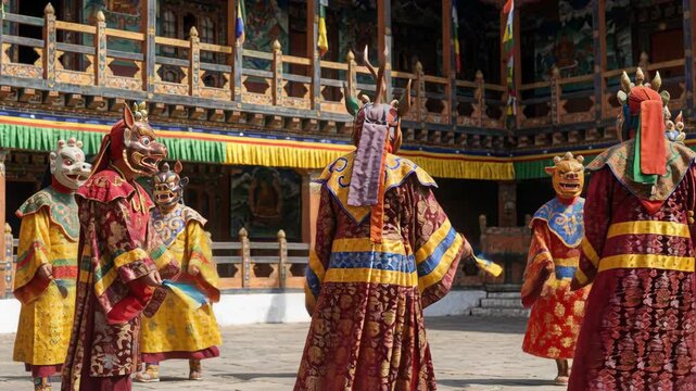 Traditional Bhutanese masked dancers in vibrant costumes perform a ritual dance in a temple courtyard during daylight with ornate