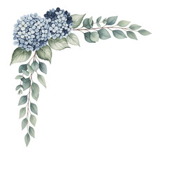 Hand painted elegant floral corner border featuring hydrangeas and eucalyptus in sage and navy isolated on white background.png